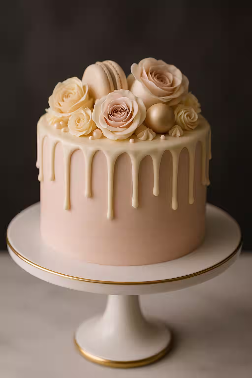 Drip cake de chocolate blanco con macarons y detalles dorados.