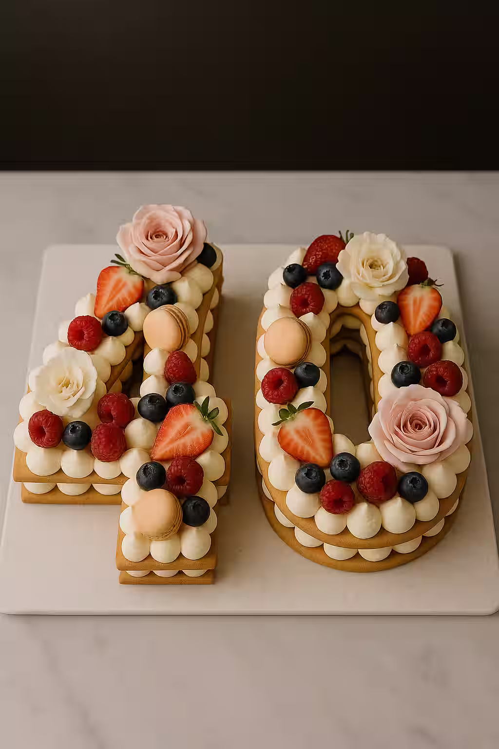 Number cake en forma de número 40 decorada con cremas, frutas y flores.
